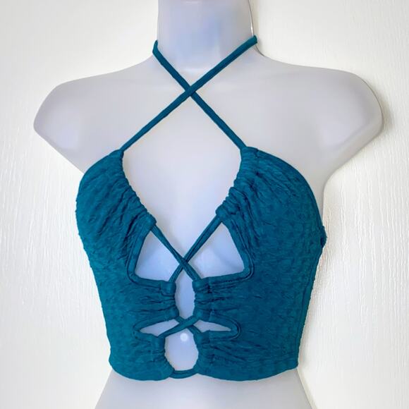 XS Teal Blue Green Lace Up Open‎ Front Backless Halter Crop Tank Top - Picture 2 of 4
